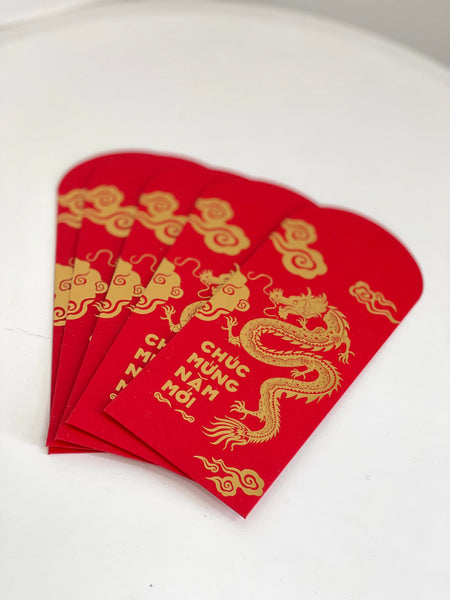 Bao lì xì: Flying Dragon Red Envelope for 2024 Lunar New Year (Pack of 5)